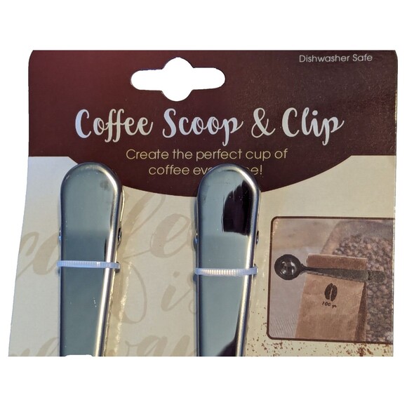 Coffee Scoop and Sealing Bag Clip 2-Pc Stainless Steel Silver Color Kitchen NEW - Picture 2 of 4